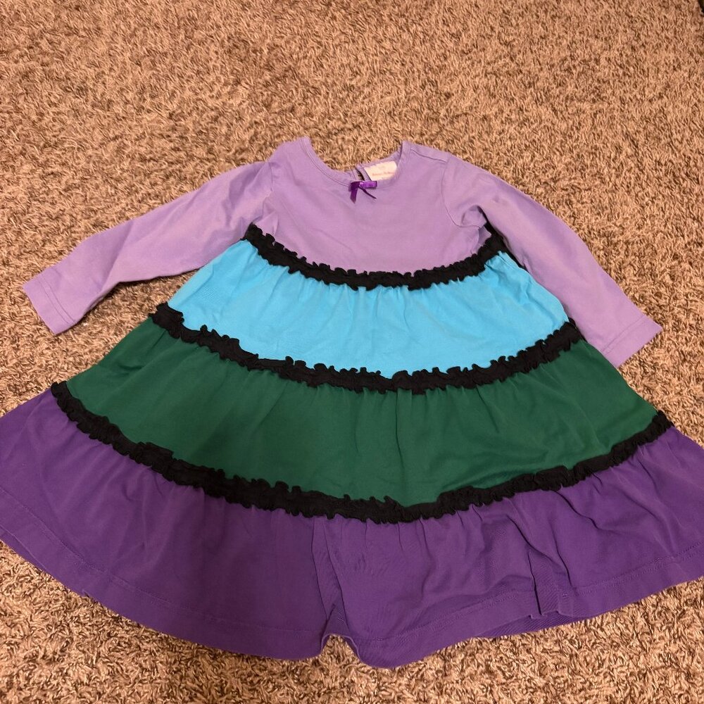 Hanna Andersson Twirl Dress 4 110 CM Purple Multi Tiered Long Sleeve 100% Cotton